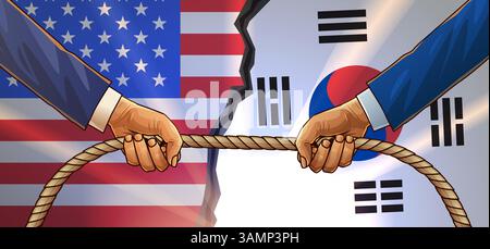 Handelskrieg USA Südkorea Konzept Illustration. Hände ziehen an den Fahnen der USA und Südkoreas, die Konflikte symbolisieren. Leuchtende Farben Stock Vektor