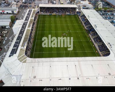 Luftbild des Halliwell Jones Stadions in Warrington, Großbritannien Stockfoto