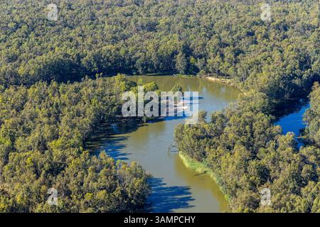 Aus der Vogelperspektive auf den ruhigen Fluss, der sich durch üppige Wälder und Bäume schlängelt, Boomanoomana, Australien. Stockfoto