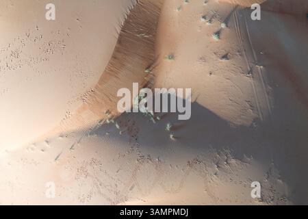 Aus der Vogelperspektive auf Sanddünen und Wüste, Mileha, Schardscha Emirat, Vereinigte Arabische Emirate. Stockfoto
