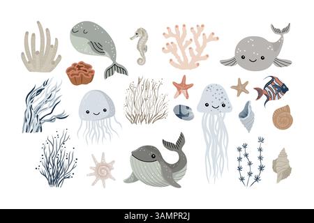 Dieses Vektorset enthält eine Sammlung isolierter Meerestiere im Kawaii-Stil. Enthalten sind Bilder von Walen, Algen, Muscheln, Korallen und sma Stock Vektor