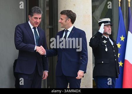 Paris, Frankreich. April 2025. Der Präsident der Republik, Emmanuel Macron, empfing am 14. April 2025 den Präsidenten der Regionalregierung Kurdistans des Irak, Herrn Nechirvan Barzani, zum Mittagessen im Elysee-Palast. - 14/04/2025 - Frankreich/Ile-de-France (Region)/Paris - Julien Mattia/Le Pictorium Credit: LE PICTORIUM/Alamy Live News Stockfoto