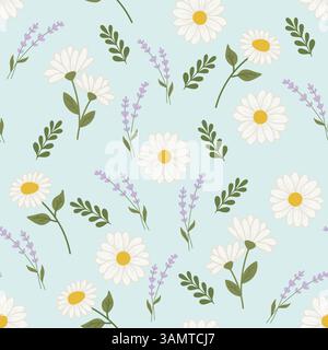 Nahtloses Blumenmuster mit Daisies und Lavendel auf Pastellhintergrund Stockfoto