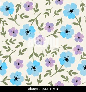 Nahtloses Blumenmuster mit blauen und lila Blumen und grünen Blättern Stockfoto