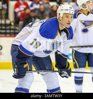 31. Januar 2014: Raleigh, North Carolina, USA S - St. Louis Blues Verteidiger Jay Bouwmeester (19) während des NHL-Spiels zwischen den St Louis Blues und den Carolina Hurricanes in der PNC Arena. Die Carolina Hurricanes besiegten die St Louis Blues mit 3:1. (Bild: © Andy Martin Jr./ZUMAPRESS.com) Stockfoto