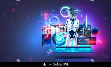 KI-Bot-Programmiergerät mit Laptop mit Codeprogrammen auf dem Bildschirm. Coder für künstliche Intelligenz. Roboterprogrammierer. KI-Softwareentwicklungstechnologie. Ai ch Stock Vektor