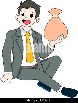 Cartoon-Illustration einer fröhlichen Frau, die beim Tragen einer großen Geldtasche läuft. Stock Vektor