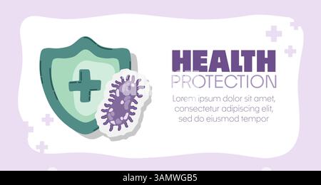 Schutzschild von Viren, Keimen und Bakterien angegriffen. Immunsystem- und Virusschutzkonzept mit Gesundheitsschutztext. Immunität hygienisch medizinisch Stock Vektor