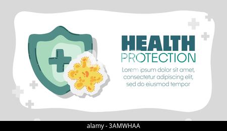Schutzschild von Viren, Keimen und Bakterien angegriffen. Immunsystem- und Virusschutzkonzept mit Gesundheitsschutztext. Immunität hygienisch medizinisch Stock Vektor