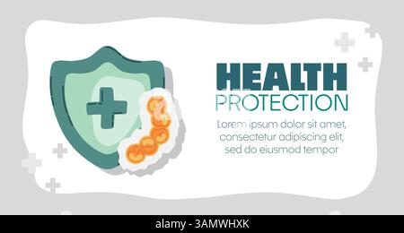 Schutzschild von Viren, Keimen und Bakterien angegriffen. Immunsystem- und Virusschutzkonzept mit Gesundheitsschutztext. Immunität hygienisch medizinisch Stock Vektor