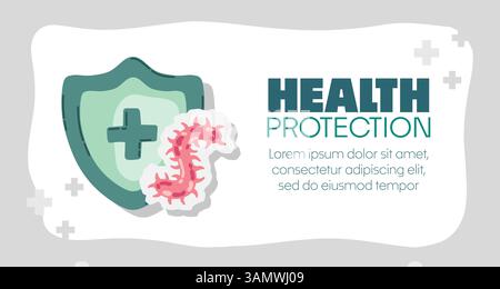 Schutzschild von Viren, Keimen und Bakterien angegriffen. Immunsystem- und Virusschutzkonzept mit Gesundheitsschutztext. Immunität hygienisch medizinisch Stock Vektor