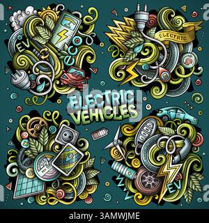 Elektrofahrzeuge Cartoon Vektor Kritzelentwürfe Set. Farbenfrohe, detailreiche Kompositionen mit vielen EVObjects und Symbolen Stock Vektor