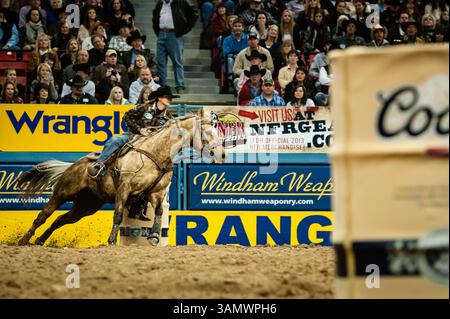 Dezember 2013 - Las Vegas, Nevada, U.. S - Barrel Racer - SHERRY CERVI, Marana, Arizona. Aktueller NFR-Stand nach Leistung Nr. 9 – 1. (Kreditbild: © Janet Kotwas/ZUMAPRESS.com) Stockfoto