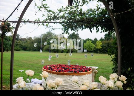 Ein eleganter Desserttisch bietet einen großen Kuchen mit frischen Beeren, umgeben von Blumen in einer ruhigen Umgebung im Freien. Stockfoto