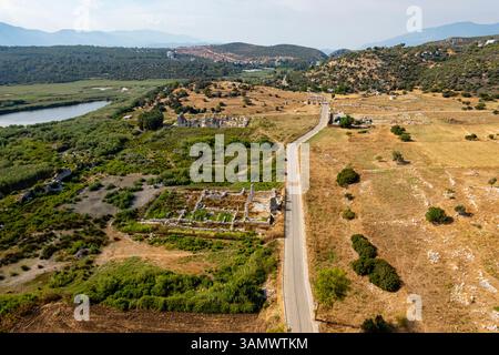 Aus der Vogelperspektive der historischen Ruinen in der antiken lykischen Stadt Patara, Türkei. Stockfoto