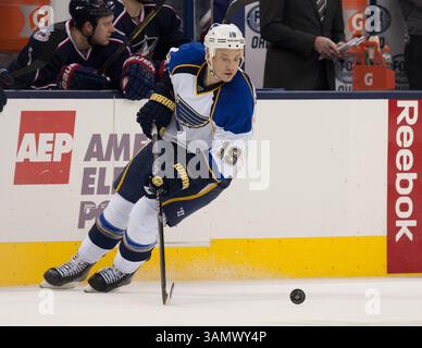 14. Dezember 2013 - Columbus, OH, Vereinigte Staaten von Amerika - der Verteidiger der St. Louis Blues Jay Bouwmeester (19) fährt mit dem Puck in der zweiten Phase des NHL-Spiels zwischen den St. Louis Blues und den Columbus Blue Jackets in der Nationwide Arena in Columbus, OH. (Bild: © Aaron Doster/Cal Sport Media/Cal Sport Media/ZUMAPRESS.com) Stockfoto