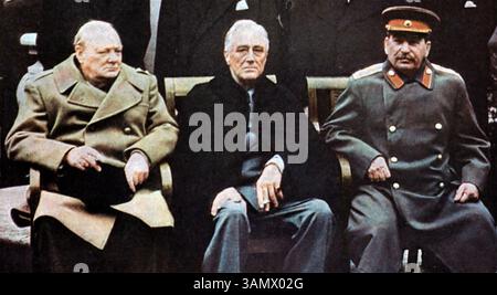 KONFERENZ VON JALTA am 4-11. Februar 1945. Von links: Winston Churchill, Franklin D. Roosevelt, Joseph Stalin. Stockfoto