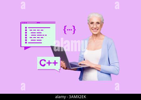 Composite trendy Magazin Foto Collage der glücklichen Freelancer alten Frau halten Laptop Programmierung Tab Web-Seite Kommunikation Chatterbox Stockfoto