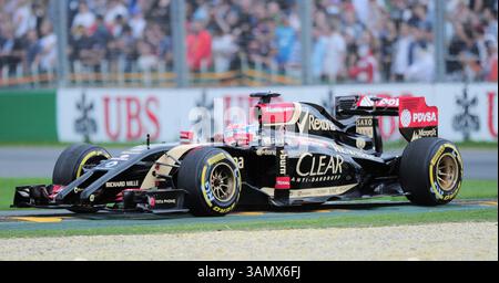15. März 2014 - Melbourne, Victoria, Australien - Romain Grosjean (FRA) von Lotus fuhr während des Qualifyings am dritten Tag des Formel-1-Grand Prix 2014 in Australien einen Renault Energy F1-2014. (Kreditbild: © Theo Karanikos/ZUMAPRESS.com) Stockfoto