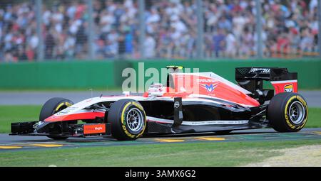 15. März 2014 – Melbourne, Victoria, Australien – Max Chilton (GBR) aus Marussia fuhr während des Qualifyings am dritten Tag des Formel-1-Grand Prix 2014 in Australien einen Ferrari 059/3. (Kreditbild: © Theo Karanikos/ZUMAPRESS.com) Stockfoto