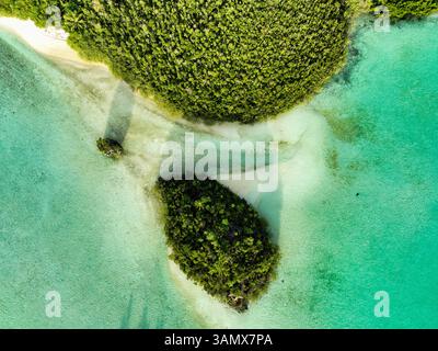 Von oben auf eine kleine Insel entlang des Wajag Island Archipels, Raja Ampat, West Papua, Indonesien. Stockfoto