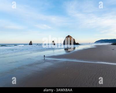 Blick aus der Vogelperspektive auf den wunderschönen Cannon Beach mit dem majestätischen Haystack Rock und dem ruhigen Pazifik, Cannon Beach, Oregon, USA. Stockfoto
