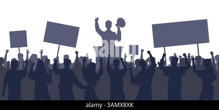 Silhouetten bei politischen Kundgebungen. Leute mit Banner und Plakat. Der Politiker spricht auf der Plattform in Megaphon. Protest gegen Demonstration Stock Vektor