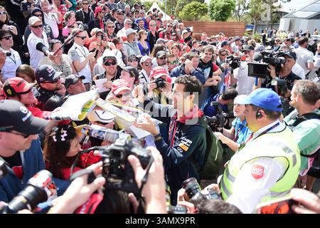 16. März 2014 – Melbourne, Victoria, Australien – Daniel Ricciardo (aus) von Infiniti Red Bull Racing mit Renault Energy F1-2014 unterzeichnet Autogramme am vierten Tag des Formel-1-Grand Prix 2014 in Australien. (Kreditbild: © Theo Karanikos/ZUMAPRESS.com) Stockfoto