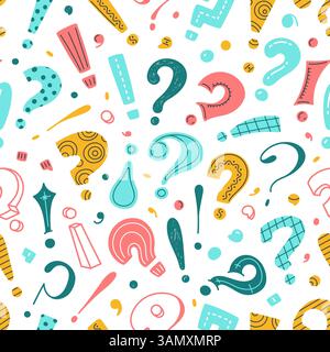 Doodle Interpunktionszeichen nahtloses Muster. Mehrfarbige Frage, Ausrufezeichen, Punkte und Kommas, handgezeichnetes Dekor-Textil, Verpackung, Tapete Stock Vektor