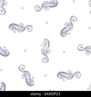 Aquarellnahtloses Muster von Illustrationen von Seepferdchen und Perle auf isoliertem. Handgezeichnetes Seepferd in blauvioletter Pastellfarbe. Verzierung wiederholen Stockfoto