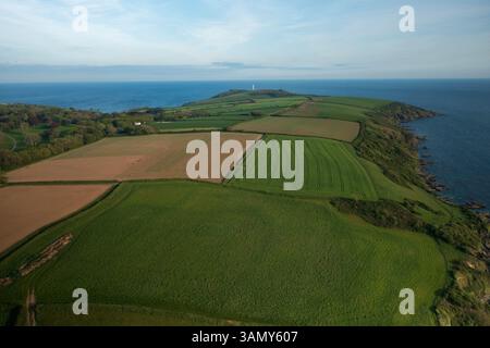 Luftaufnahme der Bucht von Polkerris, Blick von den Kulturfeldern, Polkerris, Par, England, Vereinigtes Königreich. Stockfoto