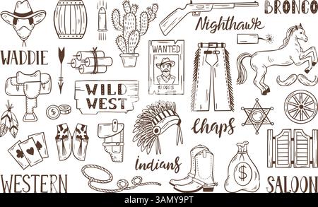 Cowboy-Doodle-Elemente. Westliche Kollektion, handgezeichnete Salontore, Pferd, Pistole, Cowboystiefel. Isolierte Wilde-West-Symbole, neoterische Vektorsätze Stock Vektor