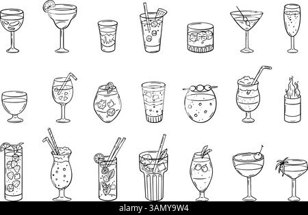 Kritzeln Sie alkoholische Cocktails. Partycocktail mit Eiswürfeln aus Früchten und Beeren. Bar Café Restaurant Nachtklubgetränke, festliche Getränke für Erwachsene, neoterische Getränke Stock Vektor