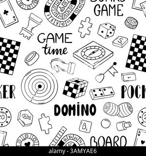 Nahtloses Design für Brettspiele. Accessoires für Freizeit mit Freunden und Familie, Wochenendmobbing. Stoffdruck, Webhintergrund-Vorlage, neoterisch Stock Vektor