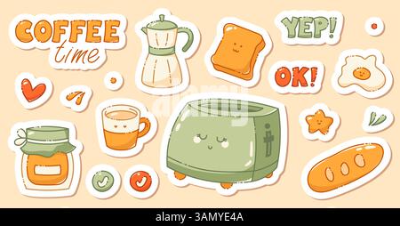 Ein Set von Kawaii-Aufklebern für einen in Pastellfarben gezeichneten Tagebuchplaner mit Kaffeematerial. Enthält einen Toaster mit einem süßen Lächeln, ein Ei, eine Kaffeekocher mit Geysir, Marmelade, Brot und zwei SMS. Stock Vektor