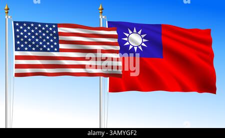 Vereinigte Staaten gegen Taiwan, Flaggen auf himmelblauem Hintergrund schwenken, Vektorillustration Stock Vektor