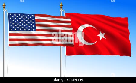 Vereinigte Staaten gegen die Türkei, Flaggen auf himmelblauem Hintergrund schwenken, Vektorillustration Stock Vektor