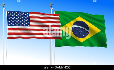 Vereinigte Staaten gegen Brasilien, Flaggen auf himmelblauem Hintergrund schwenken, Vektorillustration Stock Vektor