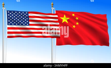 USA gegen China, Flaggen auf himmelblauem Hintergrund schwenken, Vektorillustration Stock Vektor