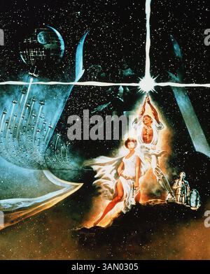29. April 2014: Die Star Wars-Schauspieler Harrison Ford, Carrie Fisher und Mark Hamill werden in Star Wars: Episode VII, dem neuesten Film der Serie, zu sehen sein. Weitere bekannte Schauspieler sind Andy Serkis und Max von Sydow, sowie die relativ jungen Briten John Boyega und Daisy Ridley. Die Dreharbeiten der Episode VII werden im Mai in den Pinewood Studios in der Nähe von London beginnen. Anthony Daniels, Peter Mayhew und Kenny Baker kehren ebenfalls als C-3PO, Chewbacca und R2-D2 zurück. IM BILD: Star Wars: Episode VI – Return of the Jedi Movie still. ERSCHEINUNGSDATUM: 25. Mai 1977 BILD: Poster Stockfoto