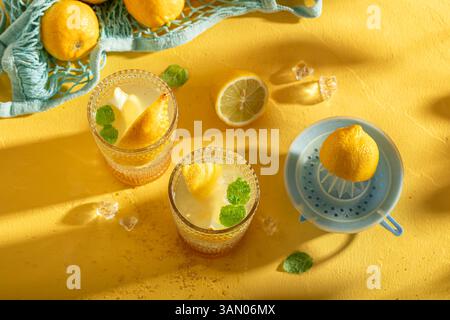 Hausgemachte Limonade oder Mojito-Cocktail mit Zitrus und Minze. Sommerfrucht-Limonade. Stockfoto