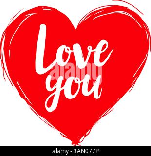 Handgezeichnetes rotes Herz mit Love You in weißem Text auf weißem Hintergrund, das das Konzept der Liebe und Zuneigung zum Ausdruck bringt. Illustration zum Valentinstag. Stock Vektor