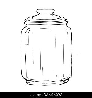 Glasgefäß mit Deckel Schwarze und weiße Vektorillustration. Abbildung einer transparenten Flasche mit Stopfen auf weißem Hintergrund. Handgezeichnete Tintenzeichnung Stock Vektor