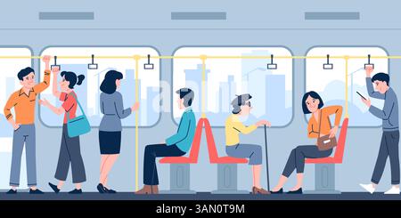 Leute im Bus. Passagiere, die in öffentlichen Verkehrsmitteln sitzen und stehen. Männer Frauen pendeln mit Trolleybus oder Straßenbahn, sprechen und lesen, neuere Vektoren Stock Vektor