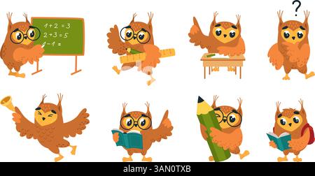 Schicke Eulen in Zeichentrickfilmen. Schuleulenfiguren, Vögel lernen, denken, Antworten finden. Lustige kindliche pädagogische Maskottchen, zurück zur Schule klassischer Vektor Stock Vektor