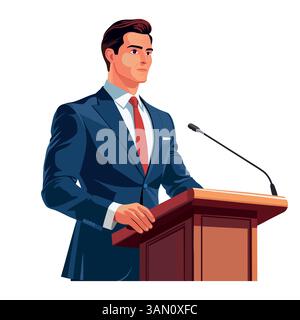 Vektorabbildung des Lautsprechers vom Podium. Szene mit einem Sprecher, der eine Rede von einem Rednerpult mit Mikrofonen vor einem Publikum hält isola Stock Vektor