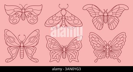 Bezauberndes rosafarbenes Schmetterling- und Mottenkritzelset. Handgezeichnet flach, Linienart. Sauberes Design. Perfekt für Scrapbooking, Grußkarten, Planer, Kinderbücher, digitale Aufkleber, Website. Stock Vektor