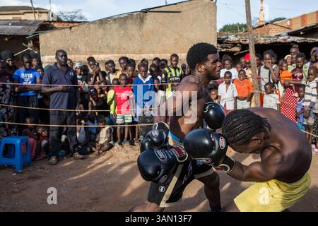 Boxen in Katanga Slum, Kampala, Uganda, Afrika Stockfoto