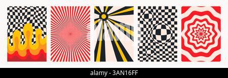 Abstraktes psychedelisches Retro-Muster-Set. Groovige trendige Hintergründe im abstrakten y2k-Stil. Vektorgrafik für Poster und Kunstdrucke. Stock Vektor