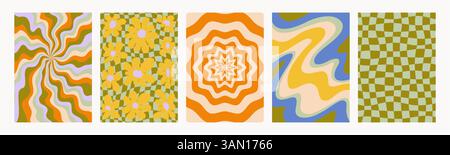 Groovige trendige Hintergründe im abstrakten y2k-Stil. Abstraktes psychedelisches Retro-Muster-Set. Vektorgrafik für Poster und Kunstdrucke. Stock Vektor